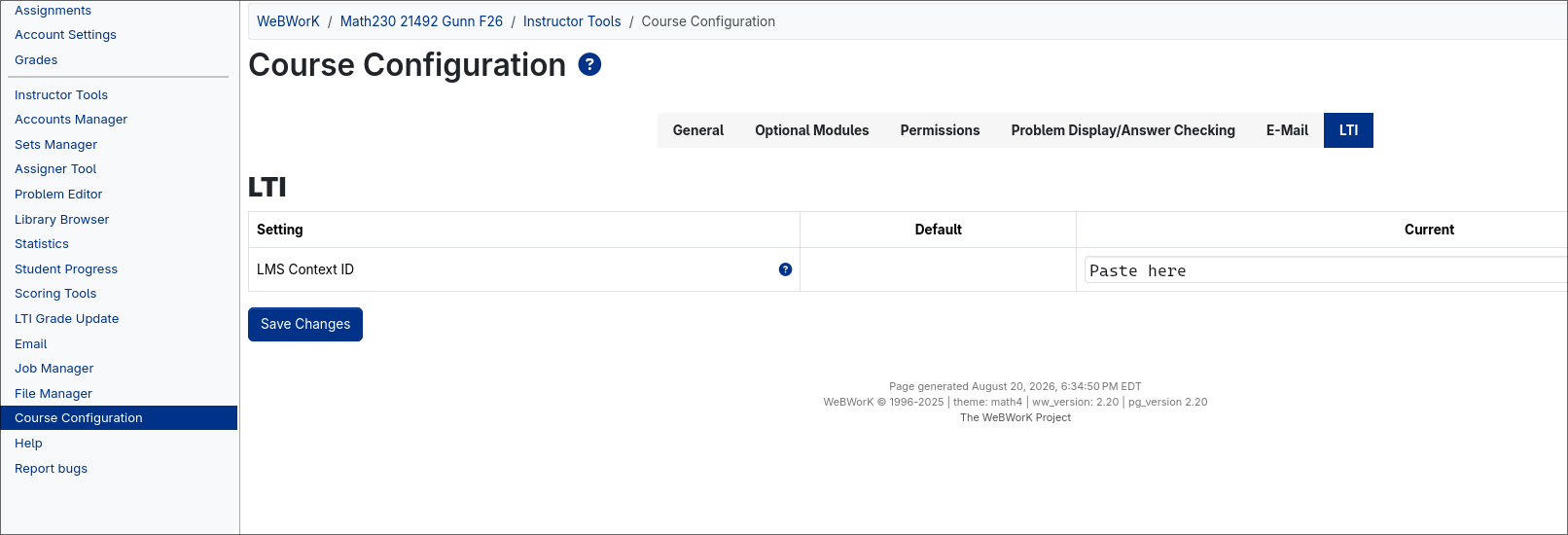 WeBWorK Course Conficuration screenshot